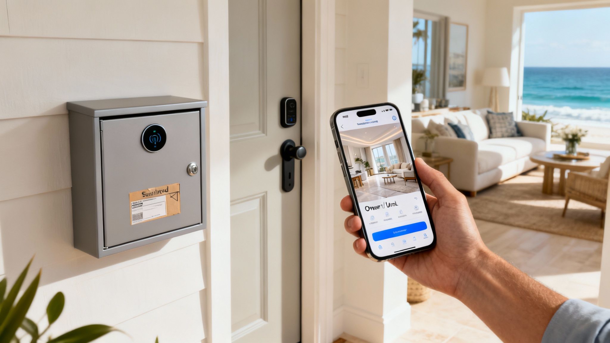 A person uses a smartphone app to control smart home devices like a mailbox and door lock, with an ocean view.