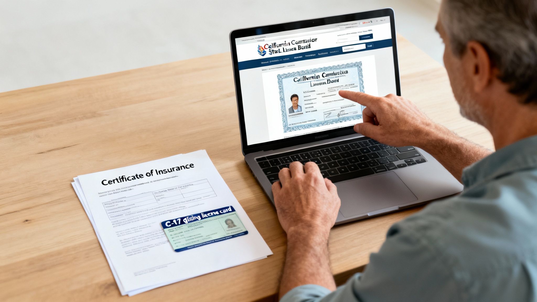 Man verifies contractor license and insurance documents on laptop and physical papers at a desk.