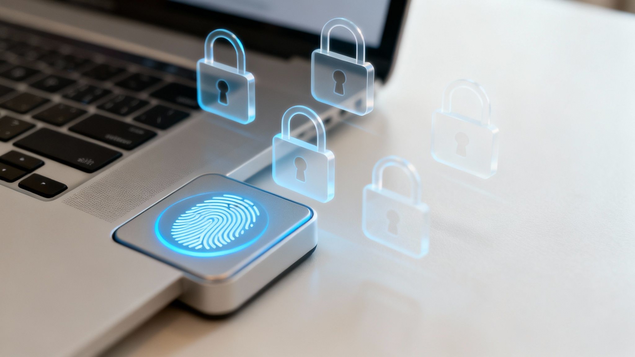 A glowing fingerprint scanner on a laptop with multiple padlock icons representing digital security and biometric authentication.