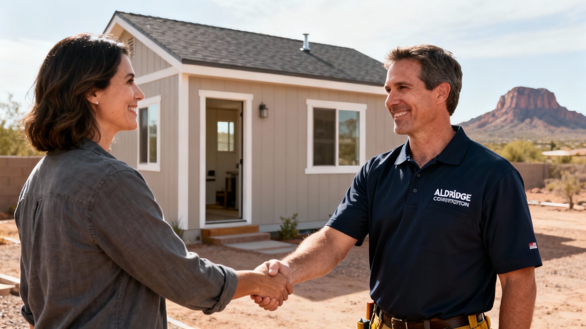 Contractor shaking hands with a happy client in front of a modern accessory dwelling unit.