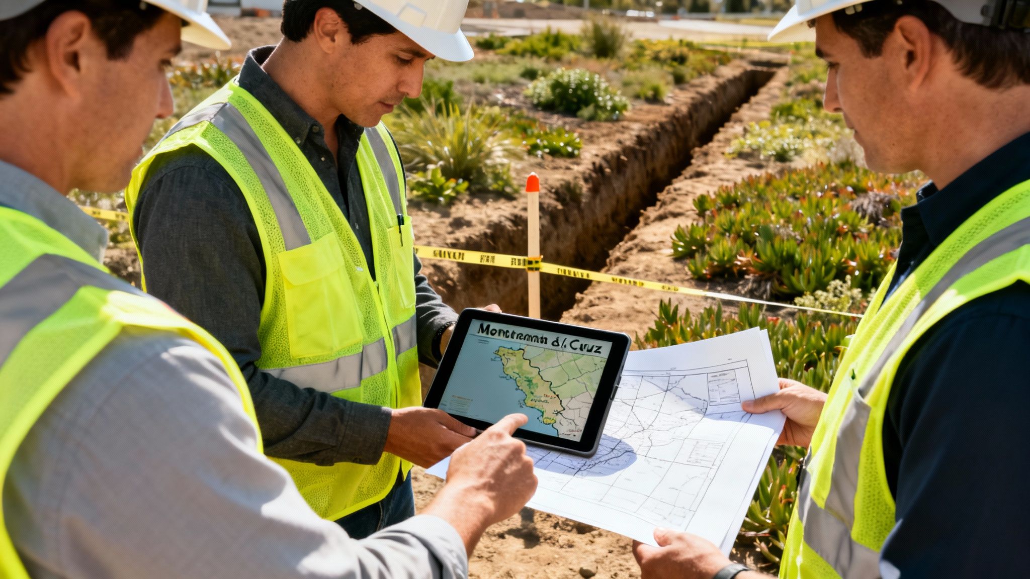 Three construction workers in hard hats and safety vests review maps on a tablet and paper at an outdoor construction site.