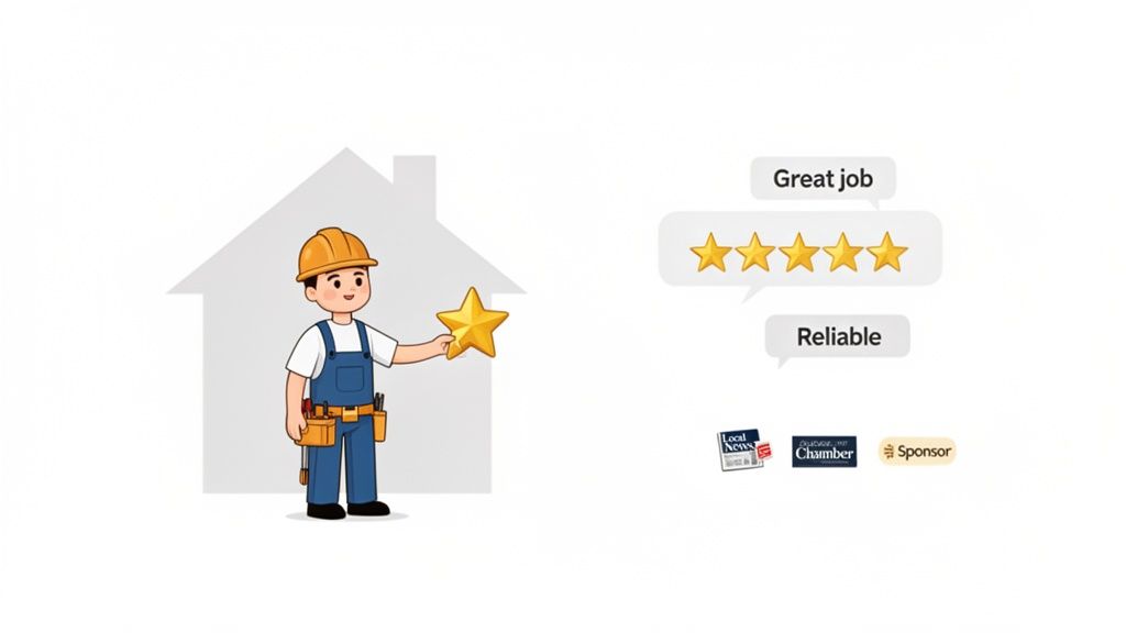 Cartoon contractor holding a star, symbolizing excellent five-star reviews: 'Great job', 'Reliable', and local business recognition.