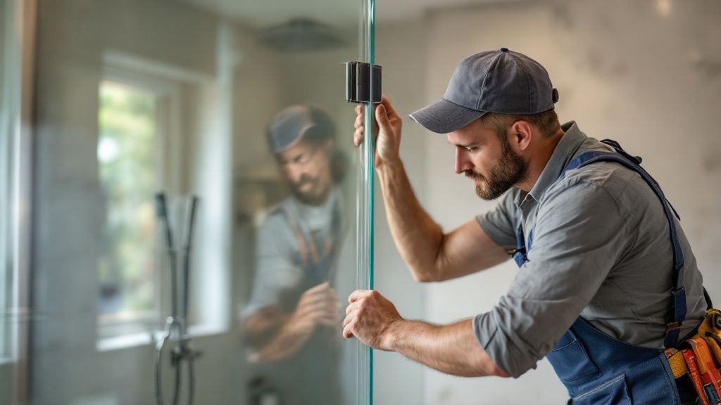 A professional installer meticulously fitting a custom glass shower panel.