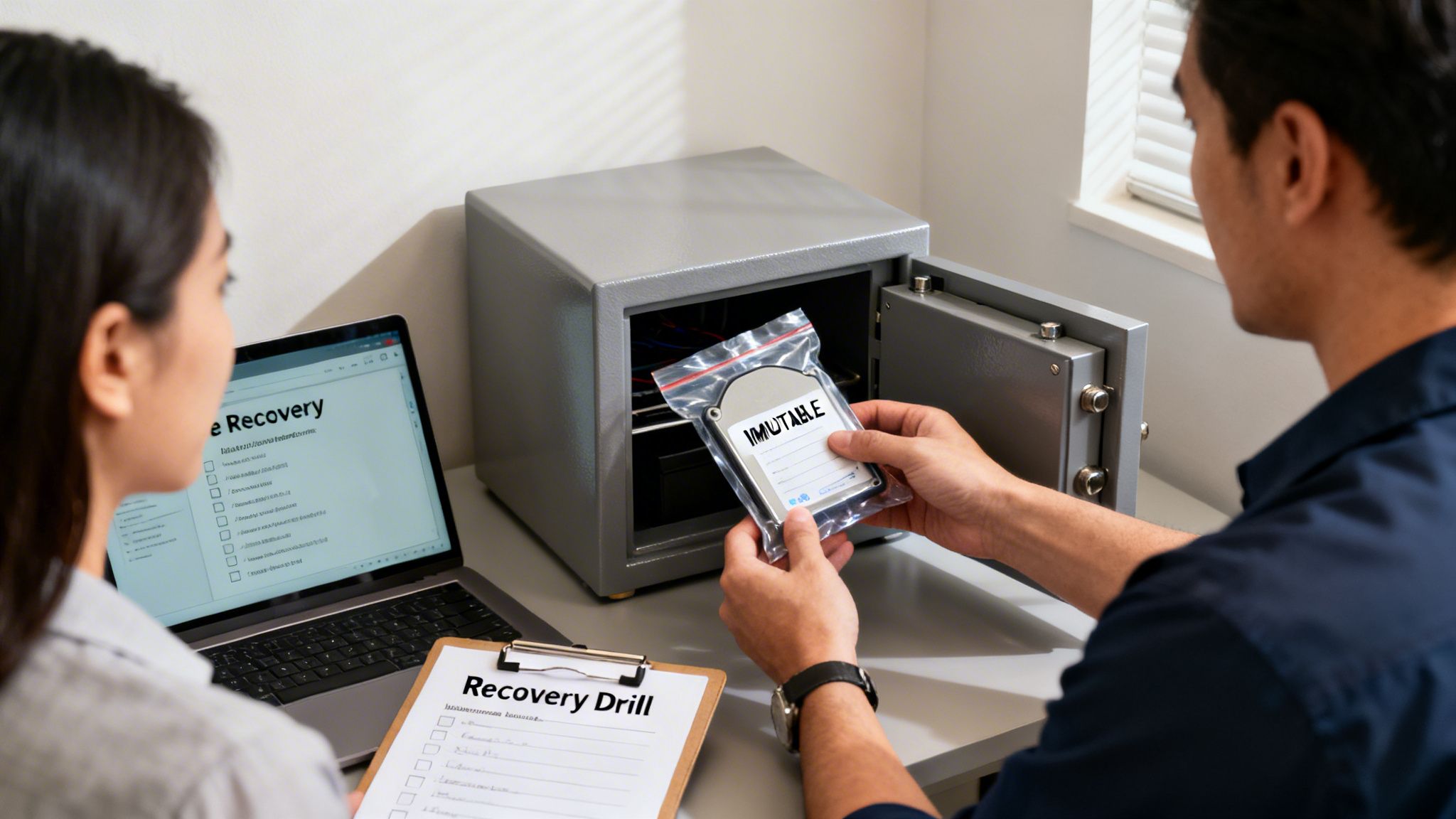 Two people performing a data recovery drill with an immutable hard drive from a safe.
