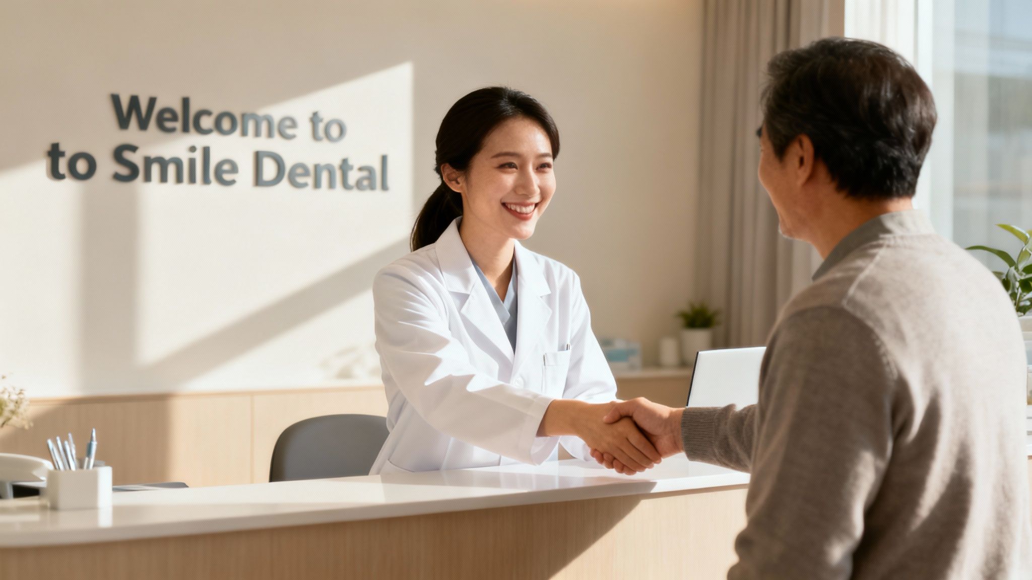 Smiling female dentist shaking hands with an older male patient at Smile Dental reception.