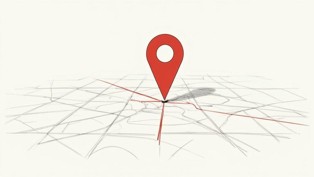 A magnifying glass hovering over a digital map with location pins, representing the focus on local search.