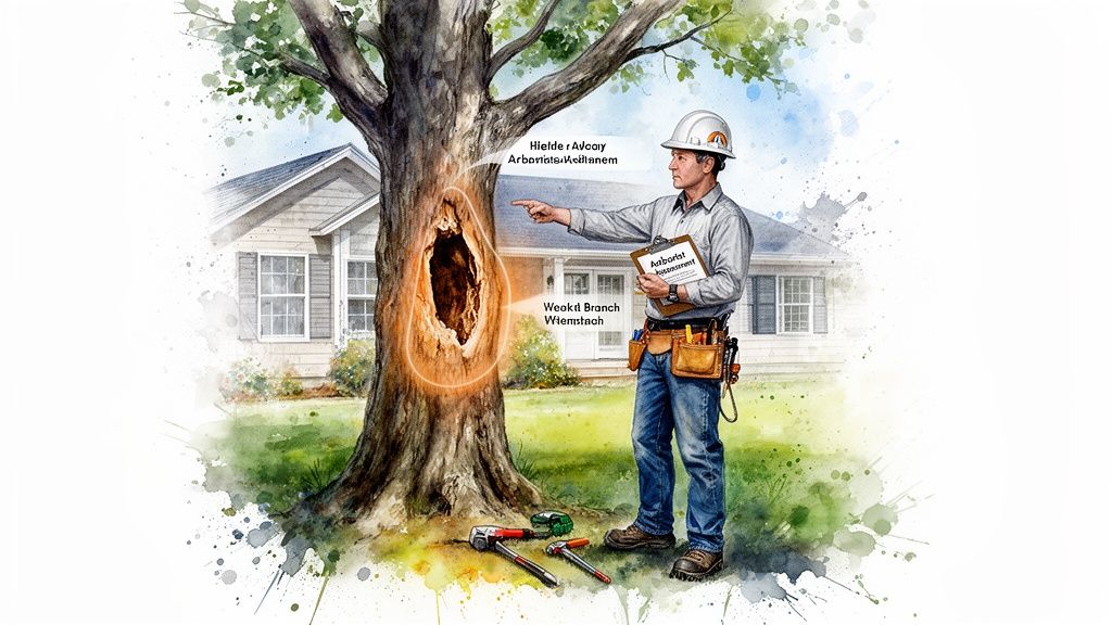 An arborist inspects a hollow tree trunk with a house in the background, assessing potential storm damage.