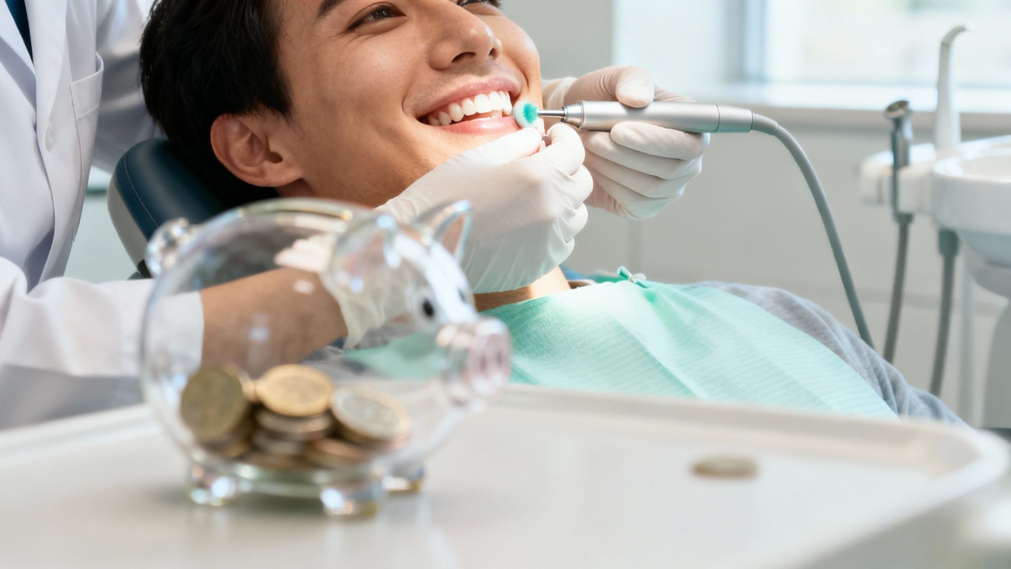 Smiling man receiving teeth polishing from dentist, with a clear piggy bank full of coins.