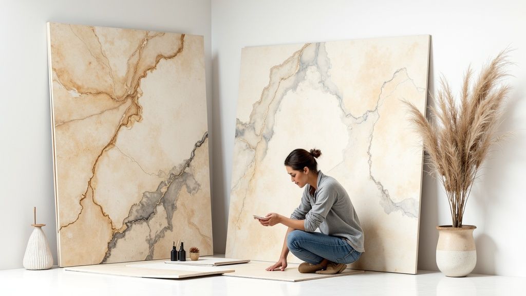 A woman crouches, examining large natural stone tiles on the floor, surrounded by decorative slabs.