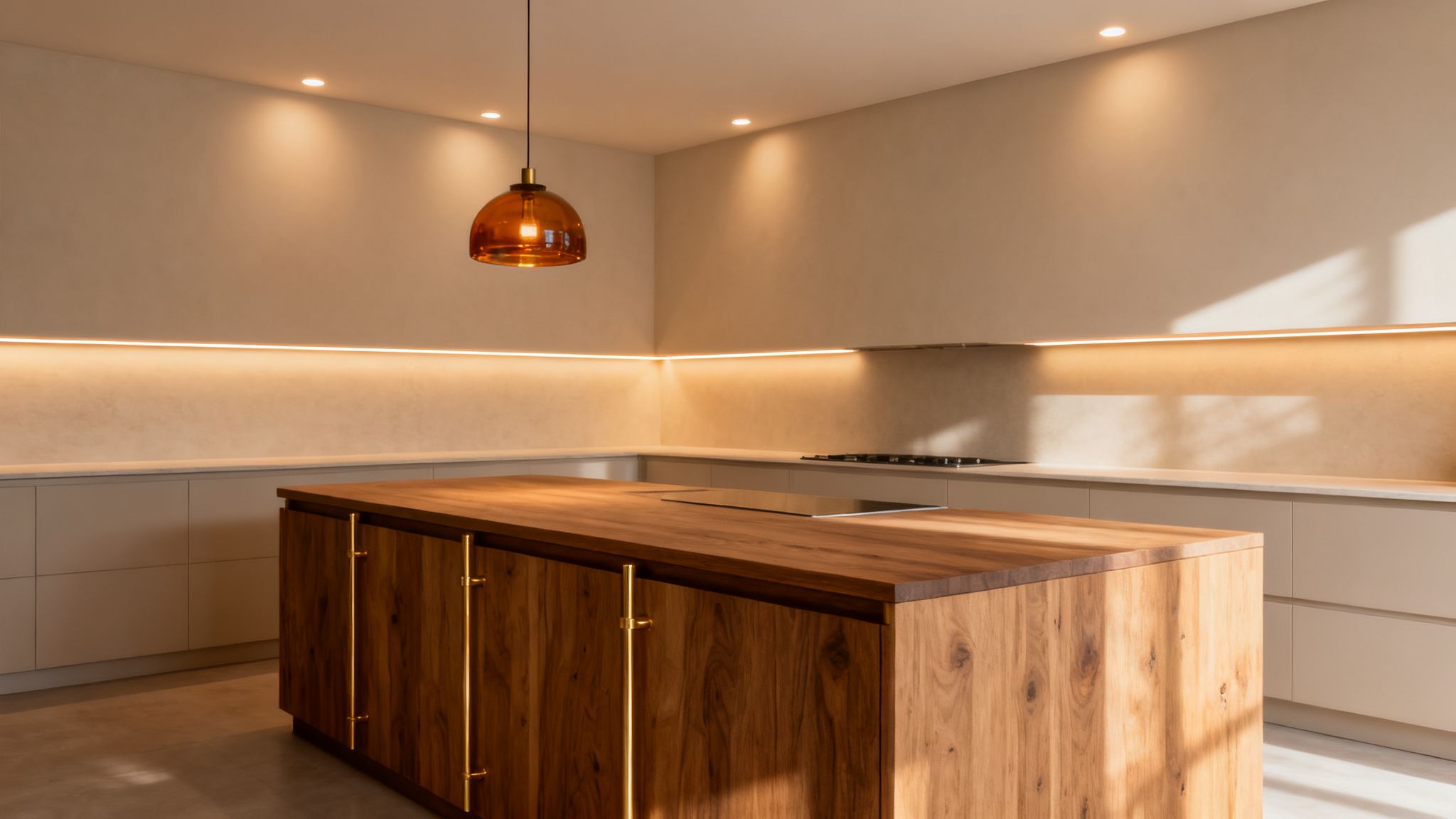 A warm and inviting modern kitchen featuring a large wooden island and illuminated by LED lights.
