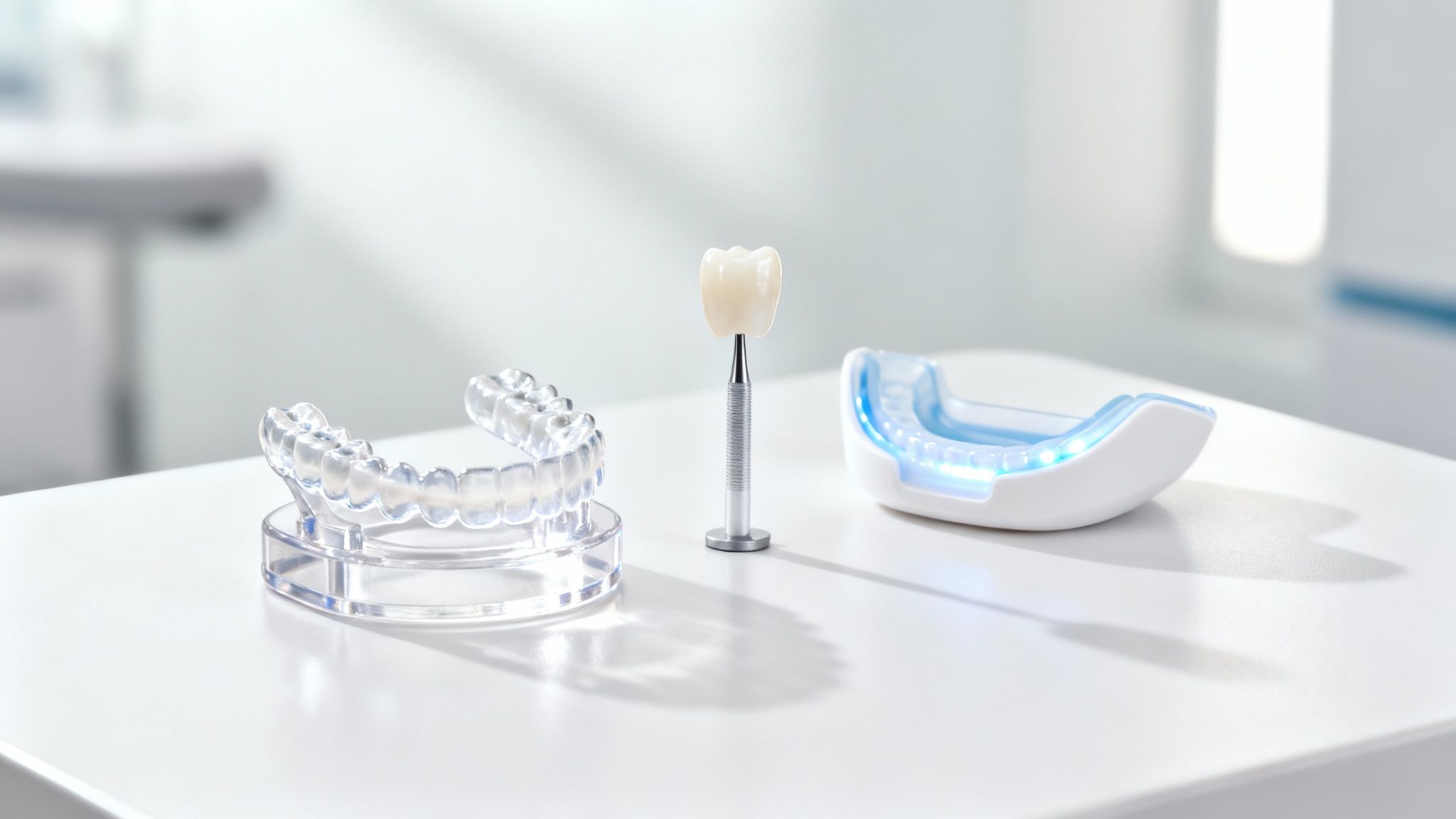 Close-up of dental aligners, a tooth crown, and a lit whitening tray in a clinic.