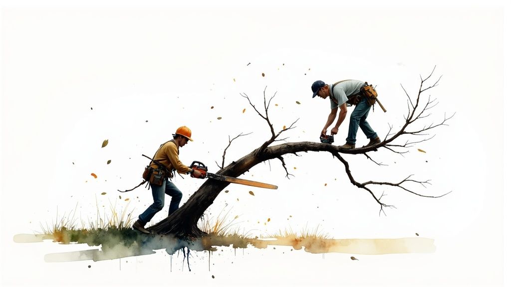 Two men with chainsaws trim a fallen, bare tree branch in a watercolor style artwork.