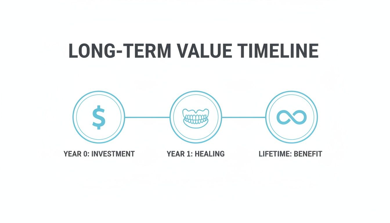 A long-term value timeline showing investment, healing, and lifetime benefit with corresponding icons.