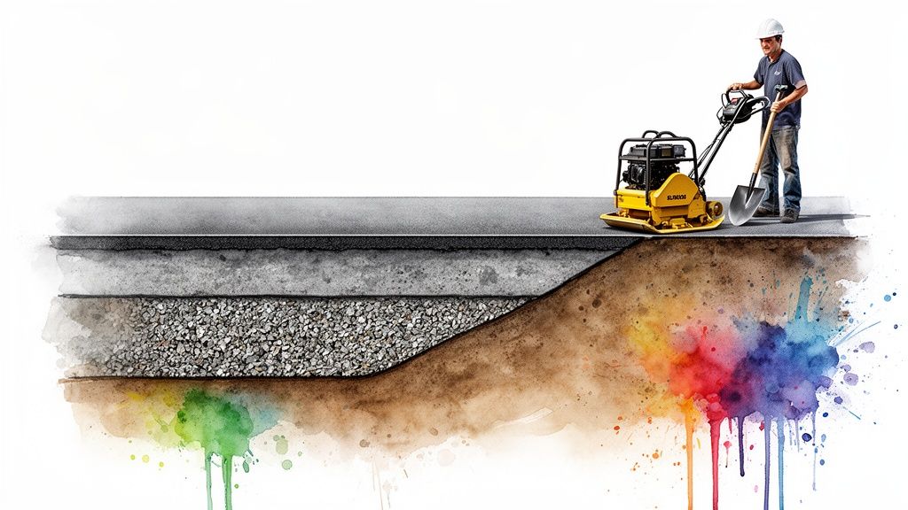 A construction worker compacts a new driveway section, revealing asphalt, concrete, and gravel layers over soil with watercolor effects.