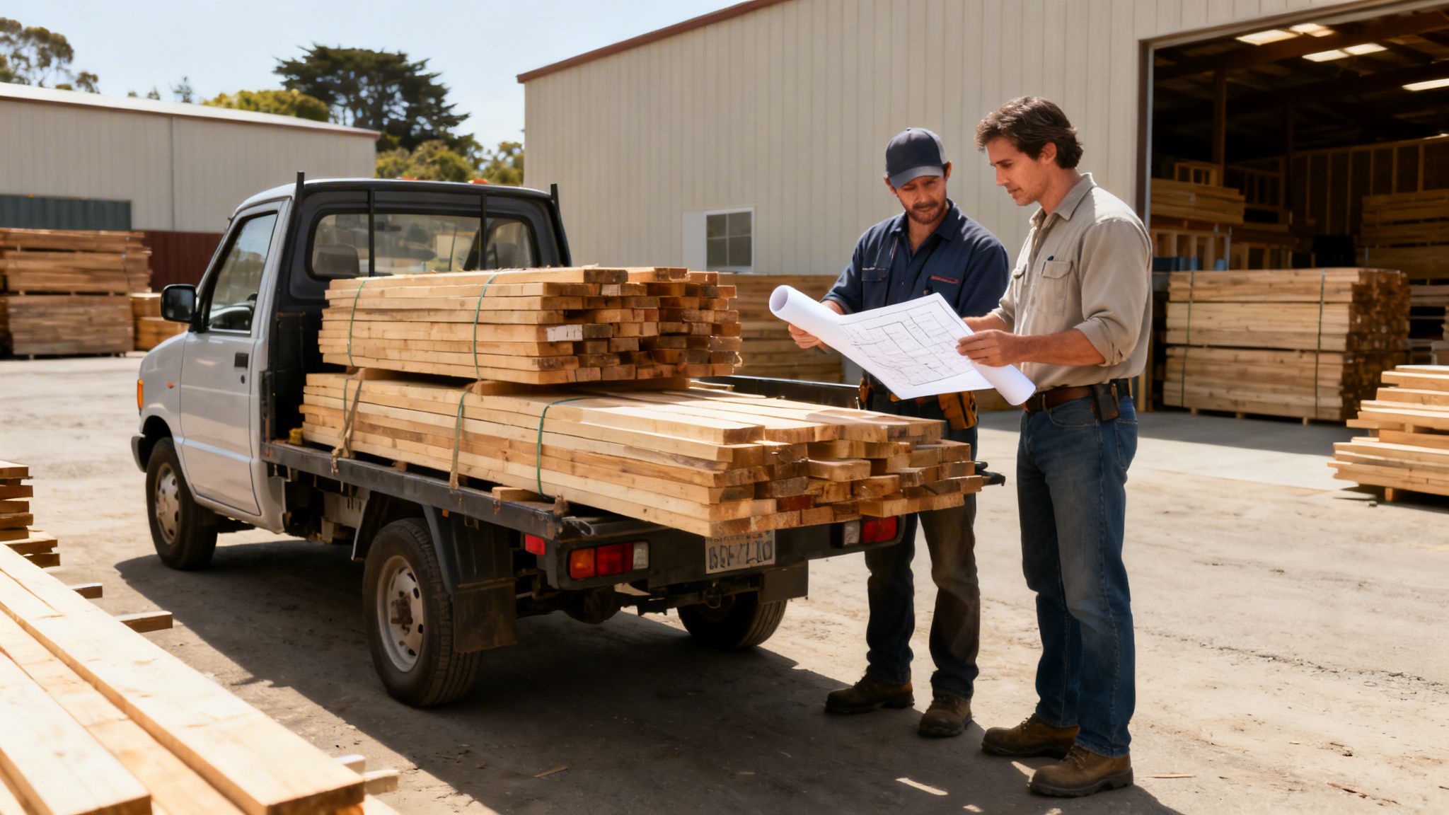 Two men review blueprints next to a truck loaded with lumber at a timber yard.