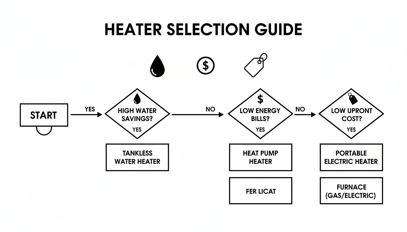 Flowchart guide for heater selection based on water savings, energy bills, and upfront cost.