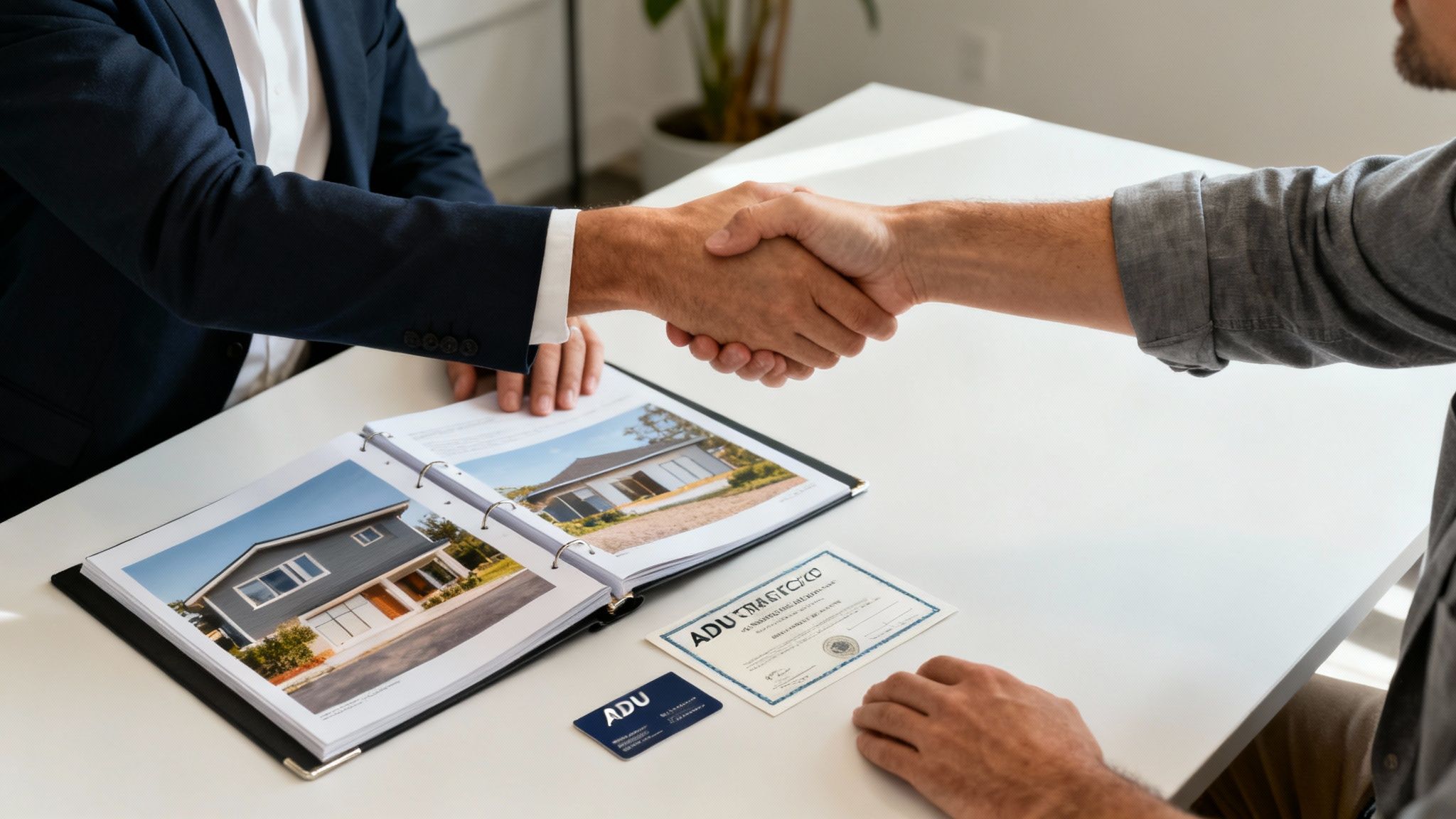 Two men in business attire shaking hands over a table with ADU house design plans and documents.