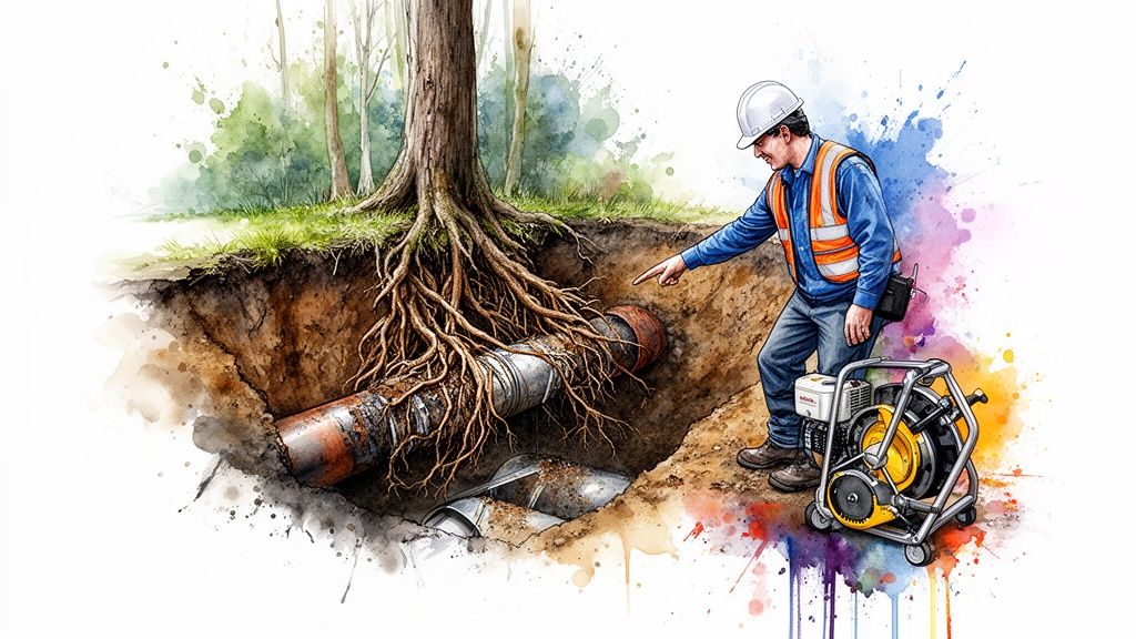 Construction worker points to tree roots damaging underground sewage pipes in an excavated trench, with inspection equipment.