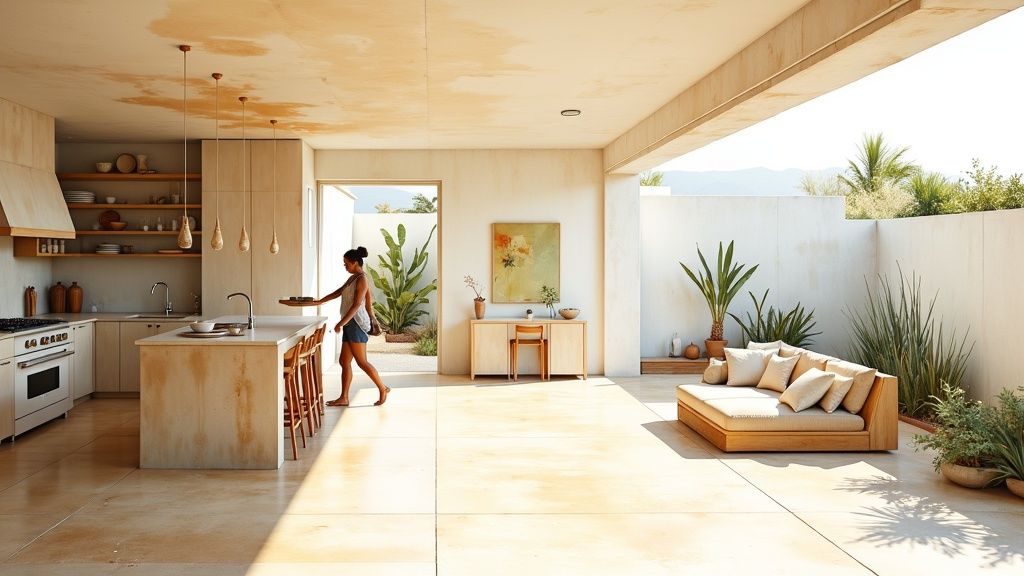 Seamless stone flowing from kitchen to courtyard