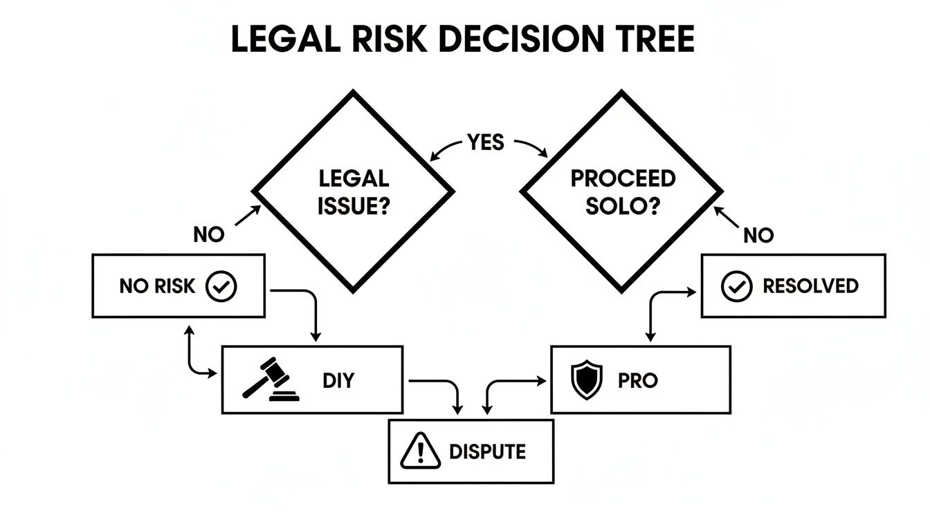 A legal risk decision tree flowchart outlining steps from identifying a legal issue to resolution or dispute.