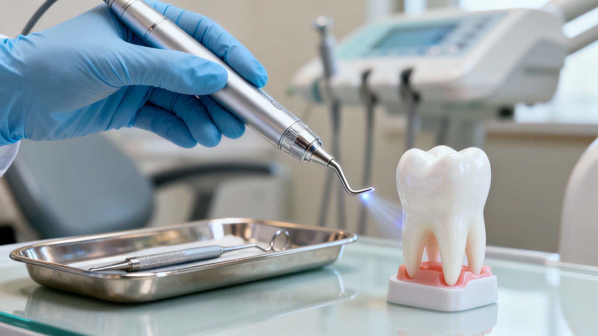 A gloved hand holds a dental curing light, shining blue light onto a tooth model.
