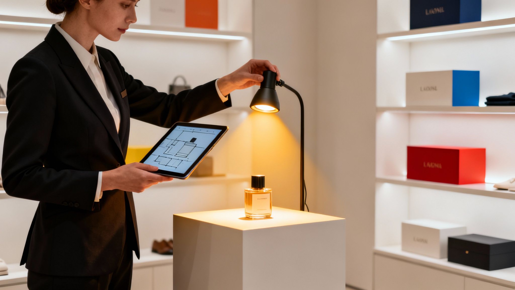 A lighting consultant discusses design options with a client in a well-lit showroom.