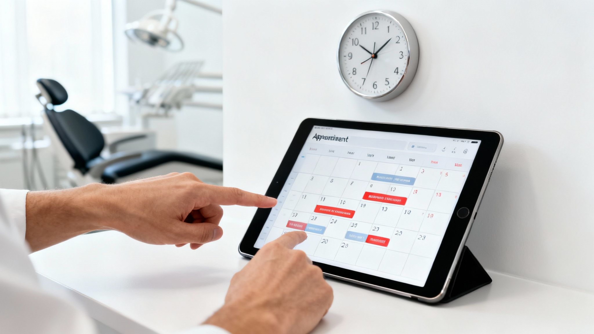A person's hands interact with a tablet displaying a dental appointment calendar in a clinic.
