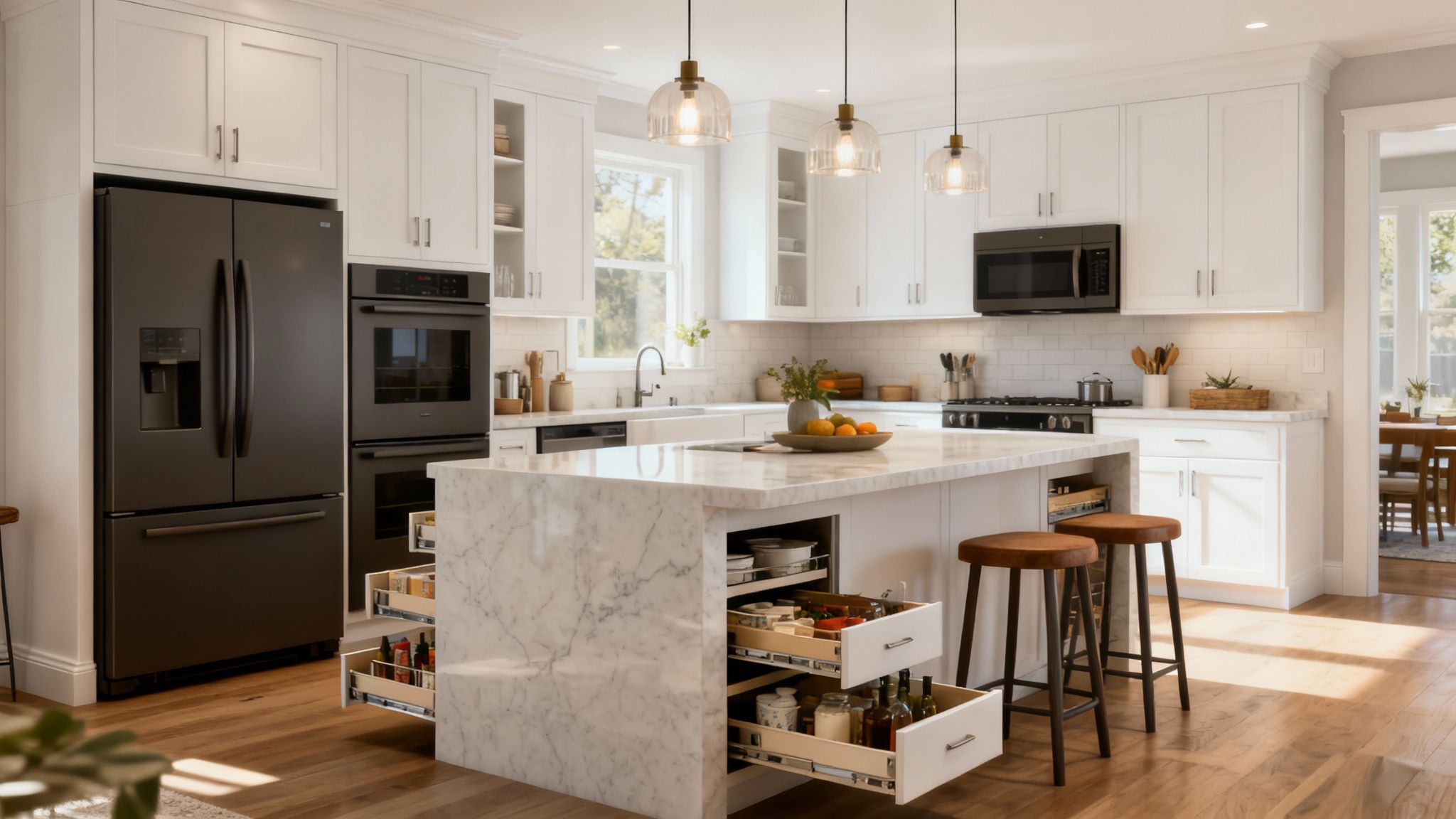 Contemporary kitchen with white cabinetry, dark stainless steel appliances, and a marble island with storage.