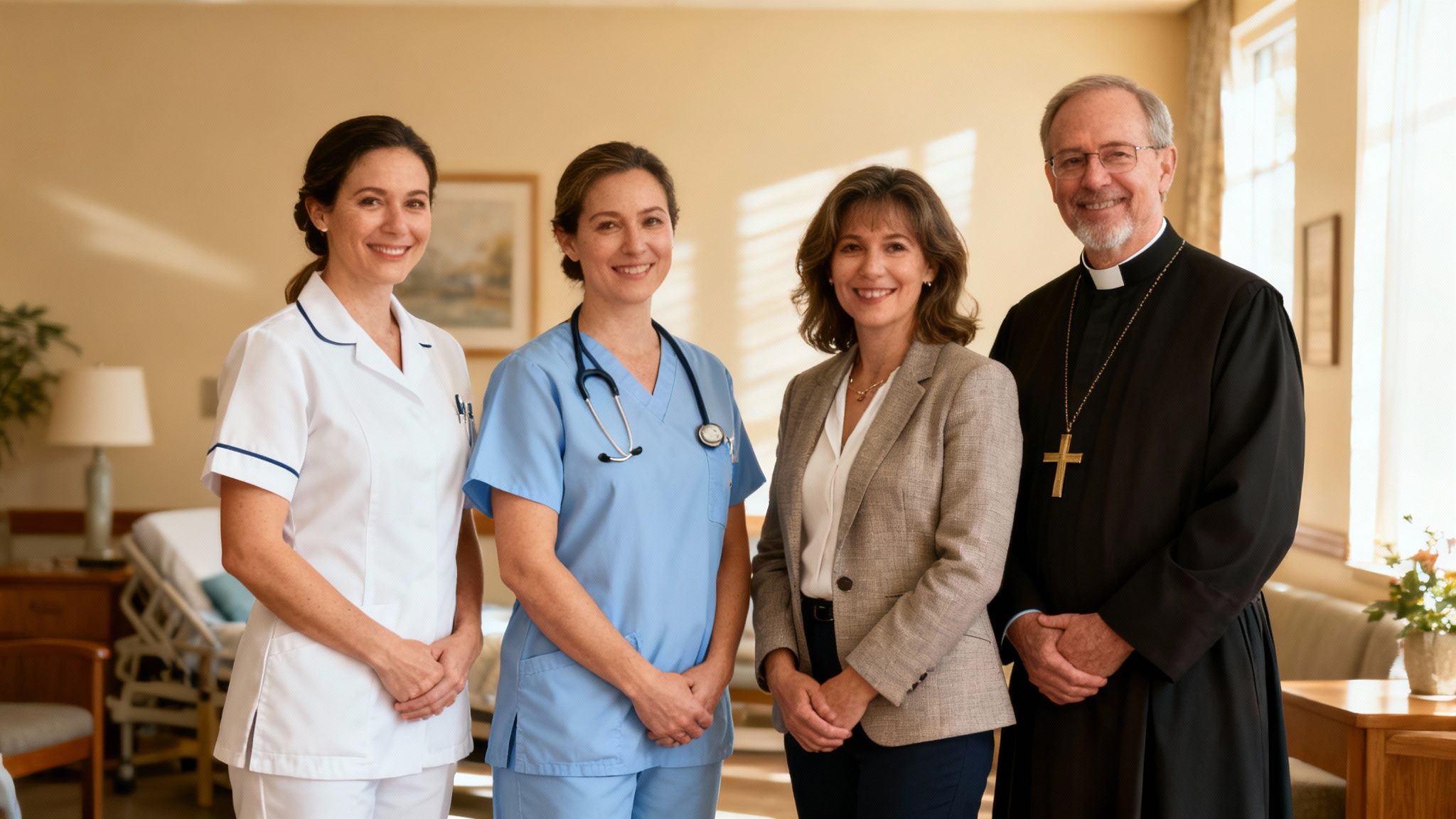 A diverse hospice care team, including a nurse, social worker, and chaplain, warmly collaborates in a comfortable office setting.