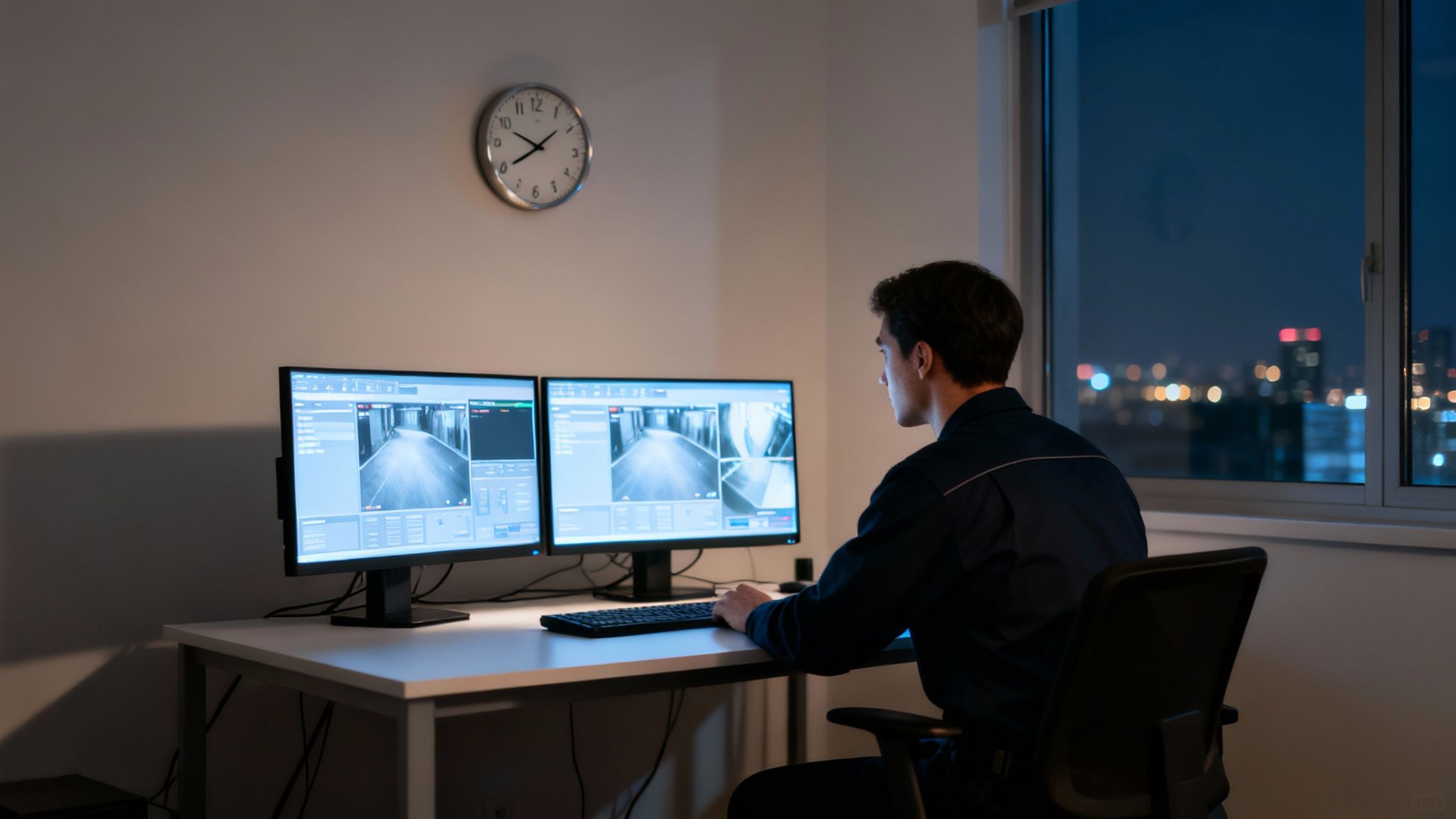 A young man monitoring security cameras on two computer screens in a dark control room.