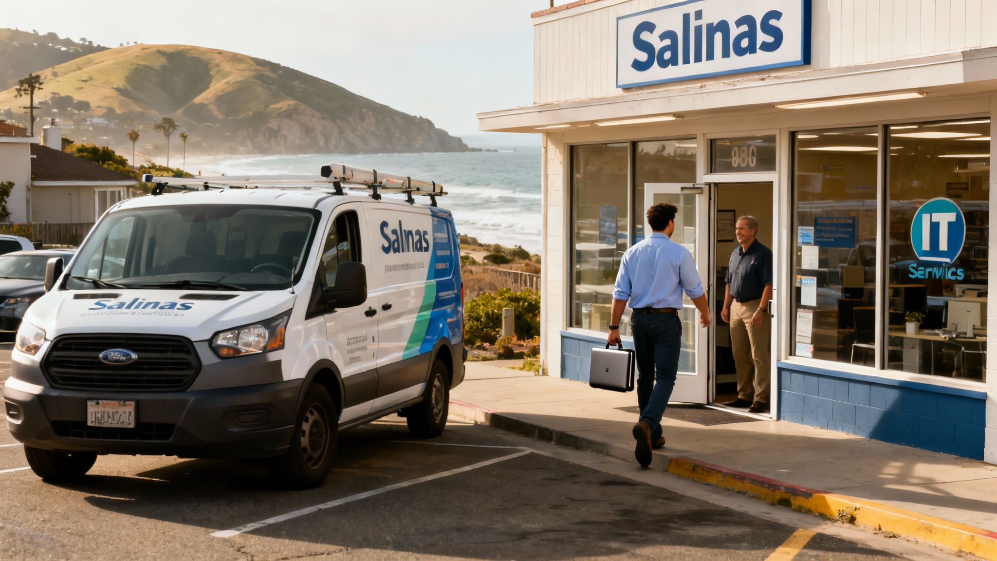 A service technician with a briefcase walks towards an IT services store, greeted by a manager.