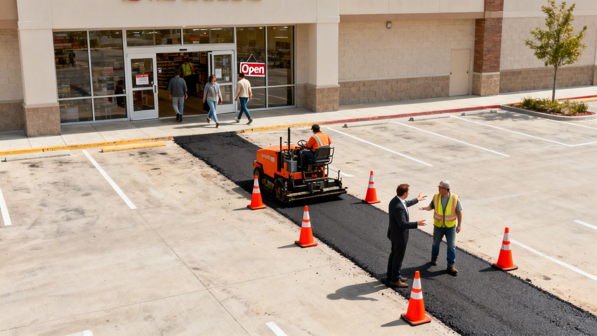 Workers pave a parking lot near a busy store, surrounded by orange safety cones.