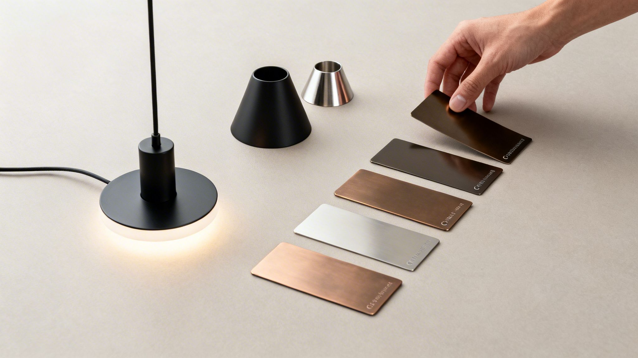 A hand selects a metal finish sample from a collection, alongside modern lighting components.