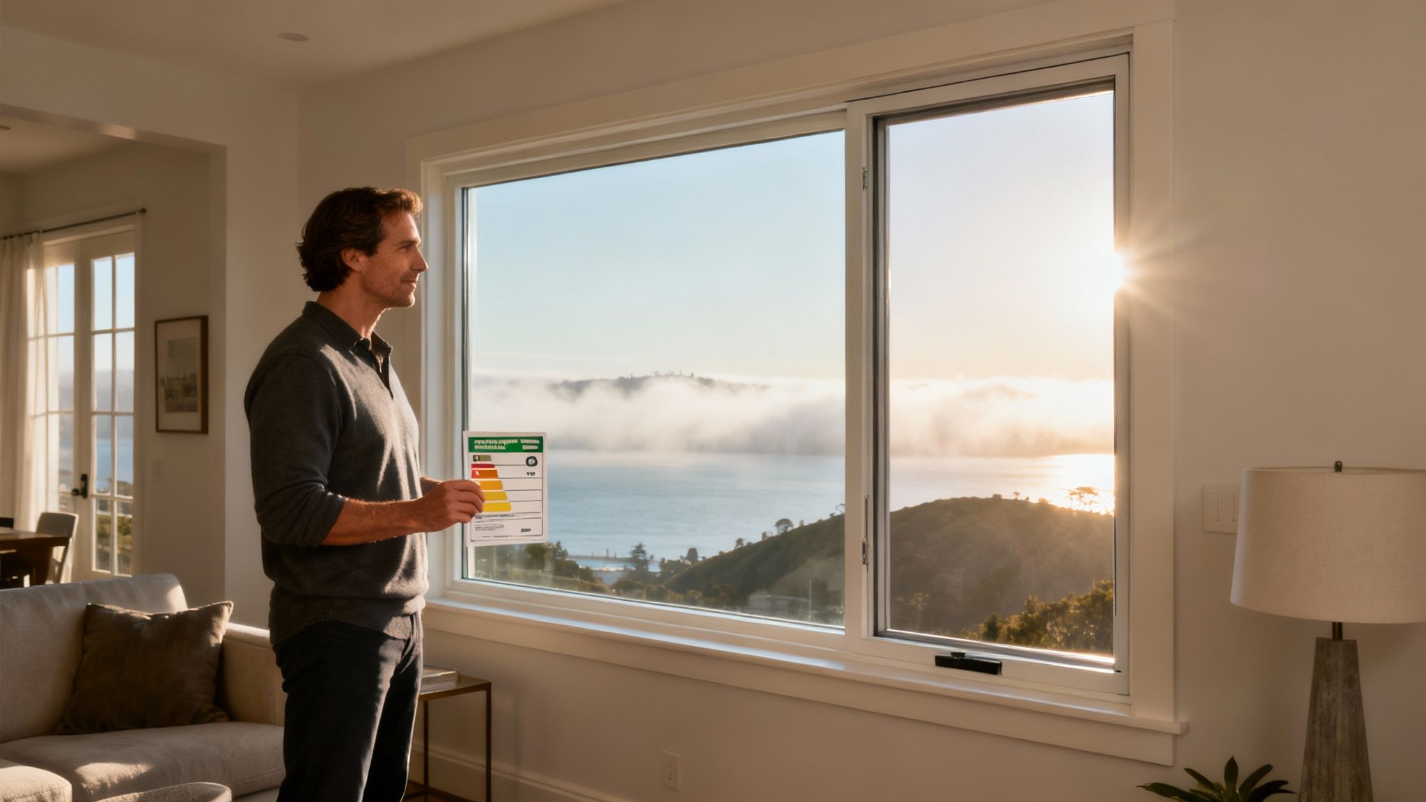A modern living room with large, energy-efficient windows overlooking a Bay Area view.