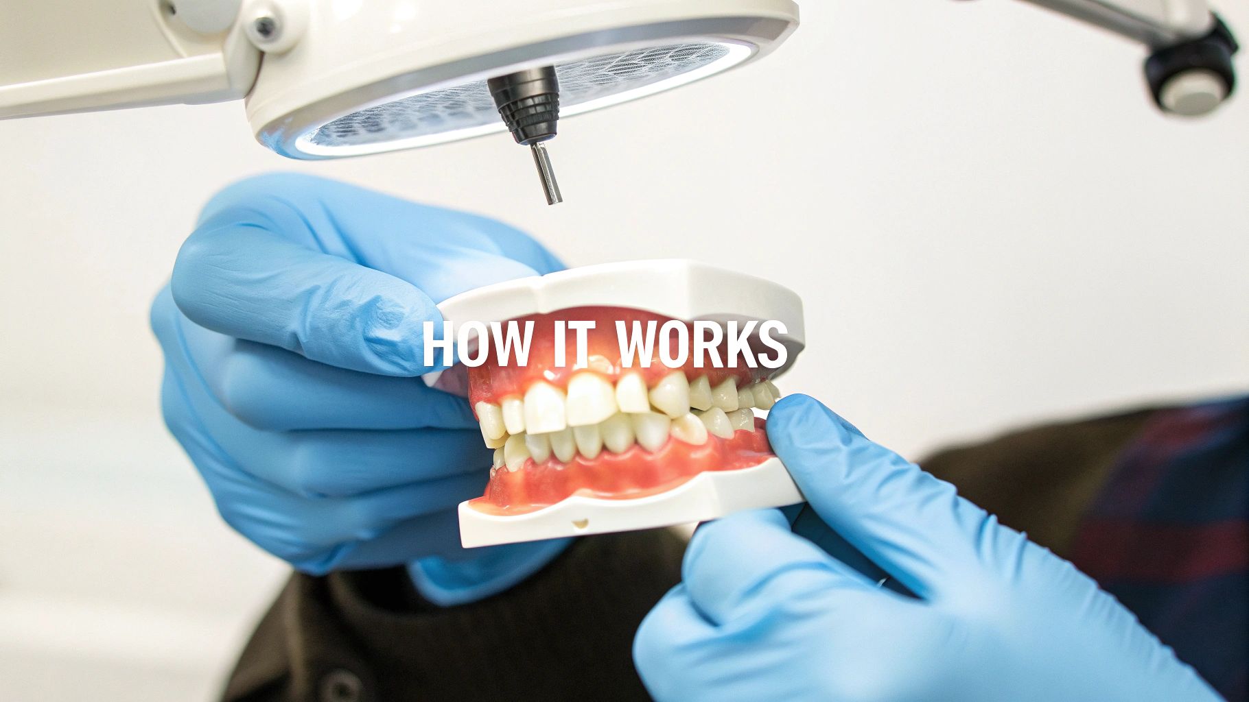 A person in blue gloves holds a dental model of teeth under a dental light.