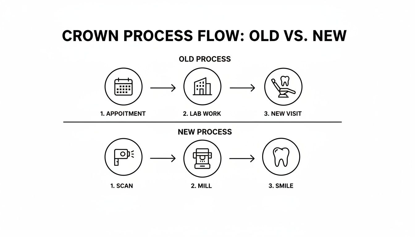 Infographic comparing the traditional dental crown process (appointment, lab, new visit) with the modern, faster digital workflow (scan, mill, smile).