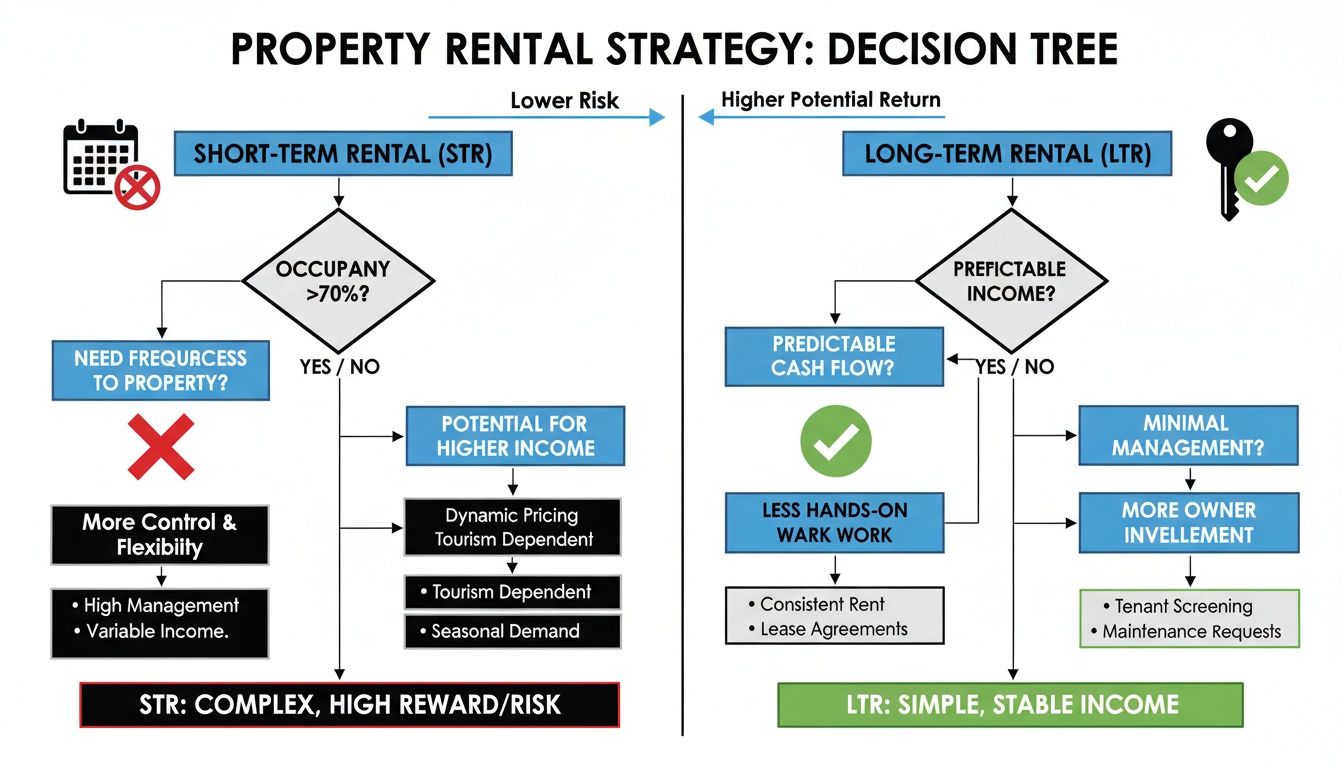 Decision tree comparing property rental strategies: Short-Term (STR) vs. Long-Term (LTR) with risk/return analysis.