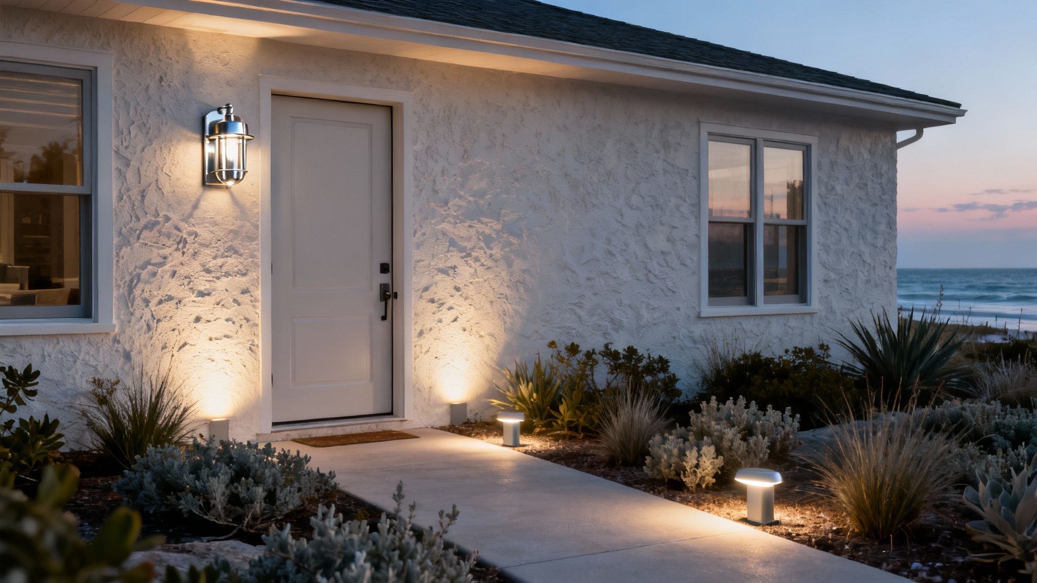 Modern white house exterior illuminated by warm landscape lighting at dusk with ocean backdrop.