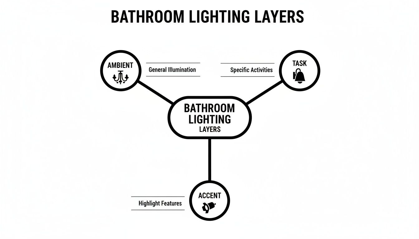 Diagram illustrating the three layers of bathroom lighting: ambient for general illumination, task for specific activities, and accent to highlight features.