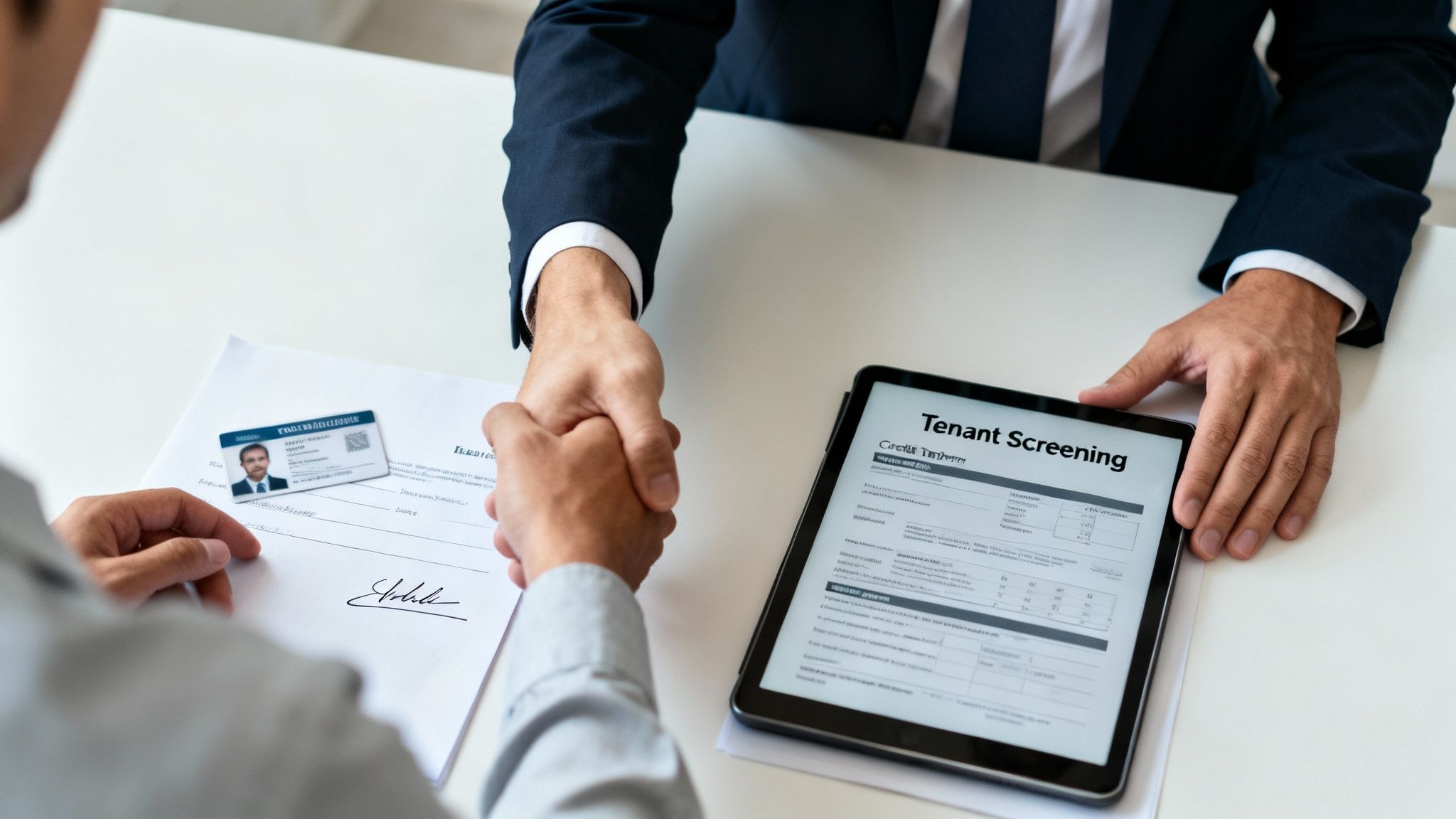 Two business partners shake hands over a tablet displaying 'Tenant Screening' and rental documents.