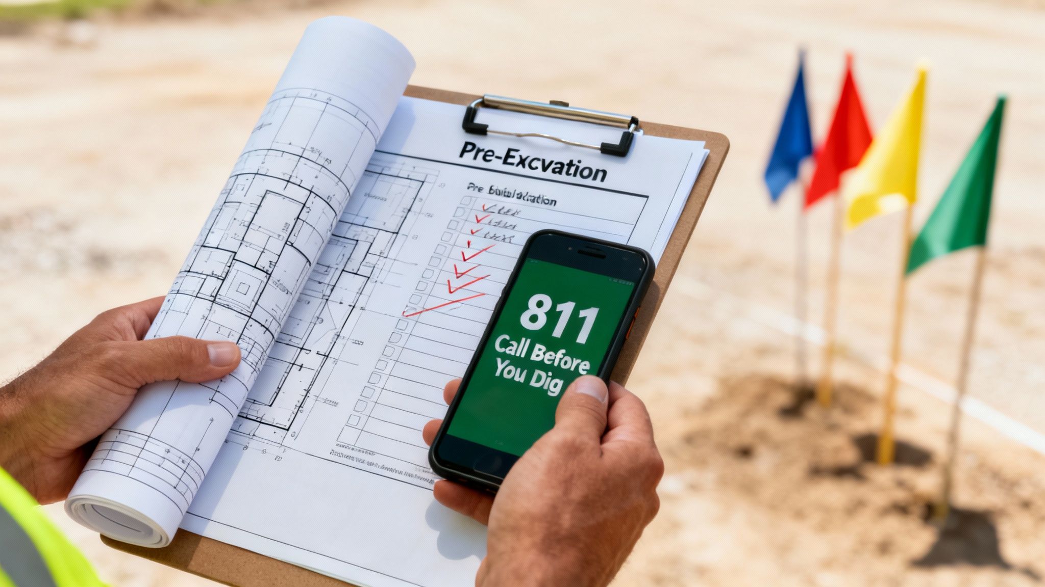 A construction worker reviewing blueprints on a job site with marked utility lines in the background.