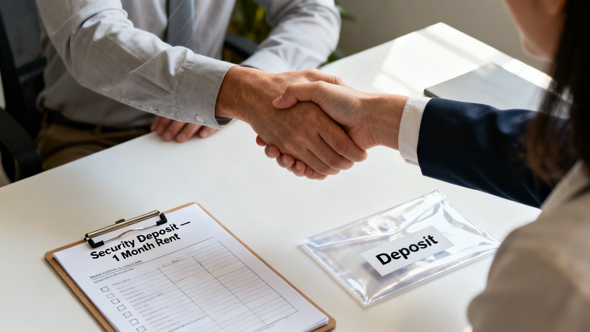 Two people shaking hands over a table with a 'Security Deposit' form and 'Deposit' pouch, symbolizing a rental agreement.