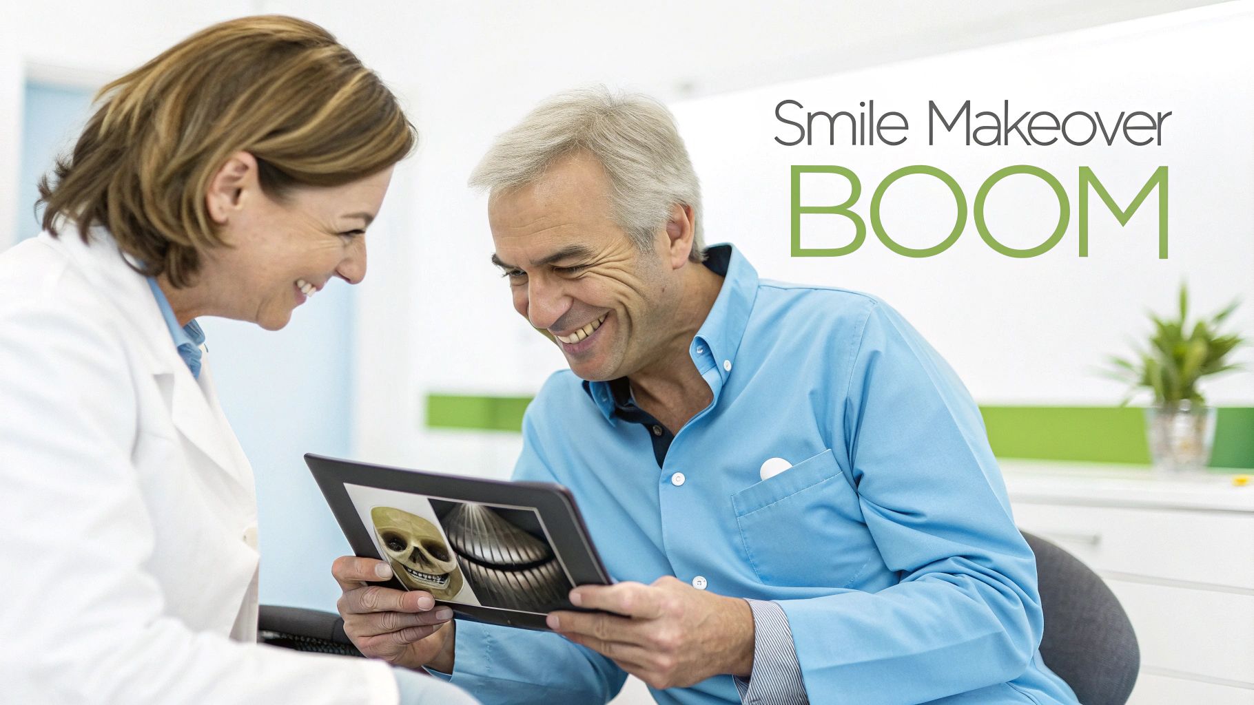 A smiling dentist and male patient reviewing smile makeover images on a tablet.