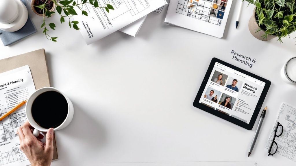 A contractor and homeowner reviewing blueprints for a home renovation project.