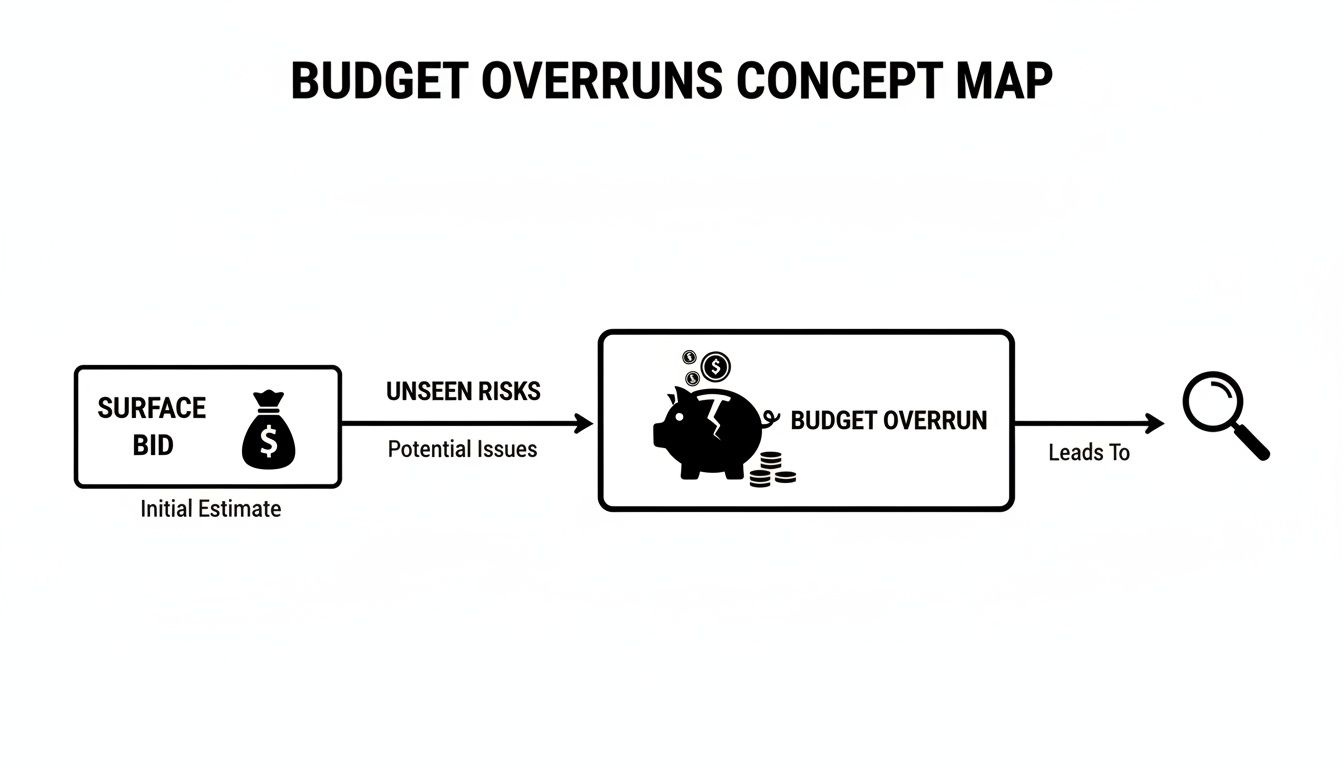 Concept map illustrating how unseen risks lead to budget overruns in projects, starting from initial bids.