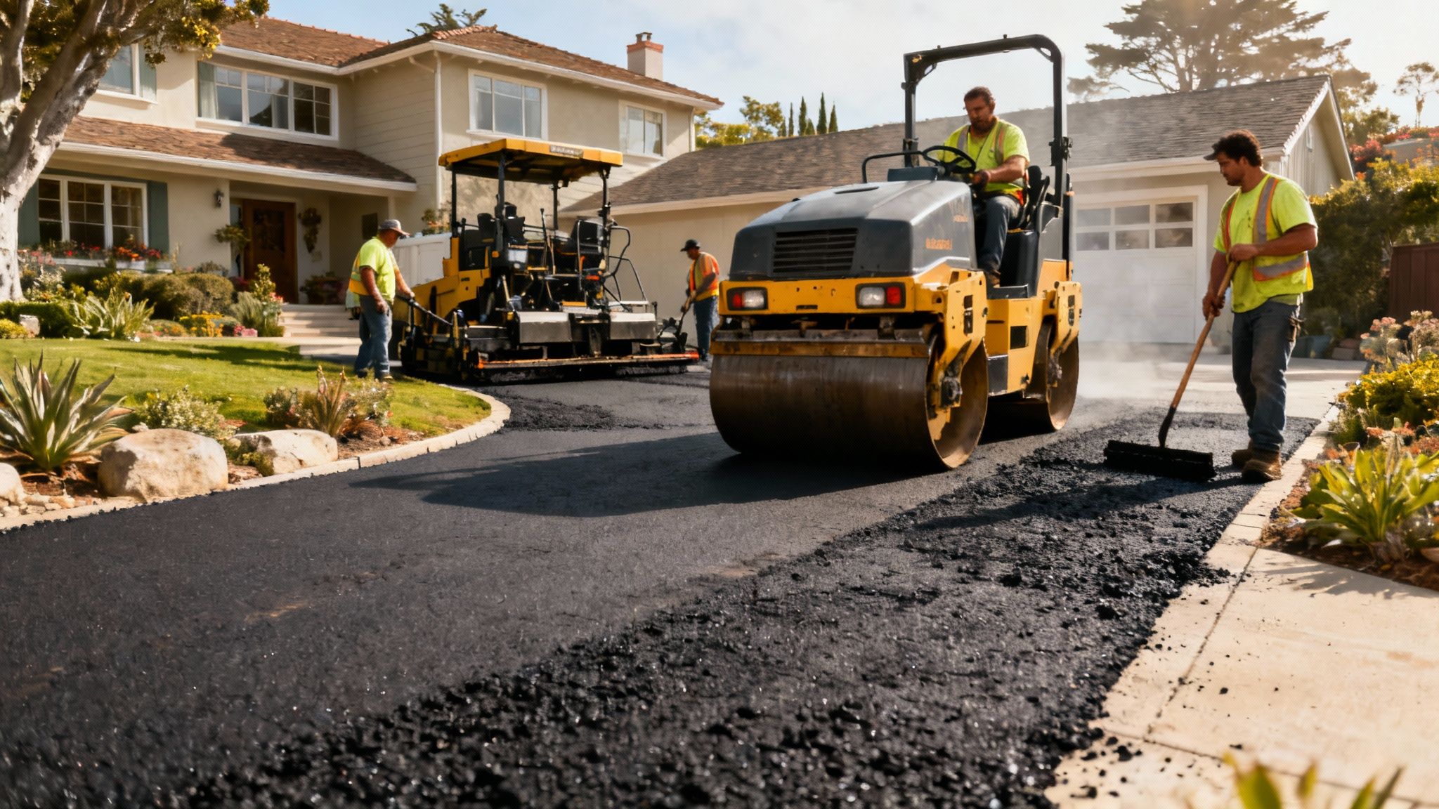 A professional crew applying a new layer of asphalt during a resurfacing project.