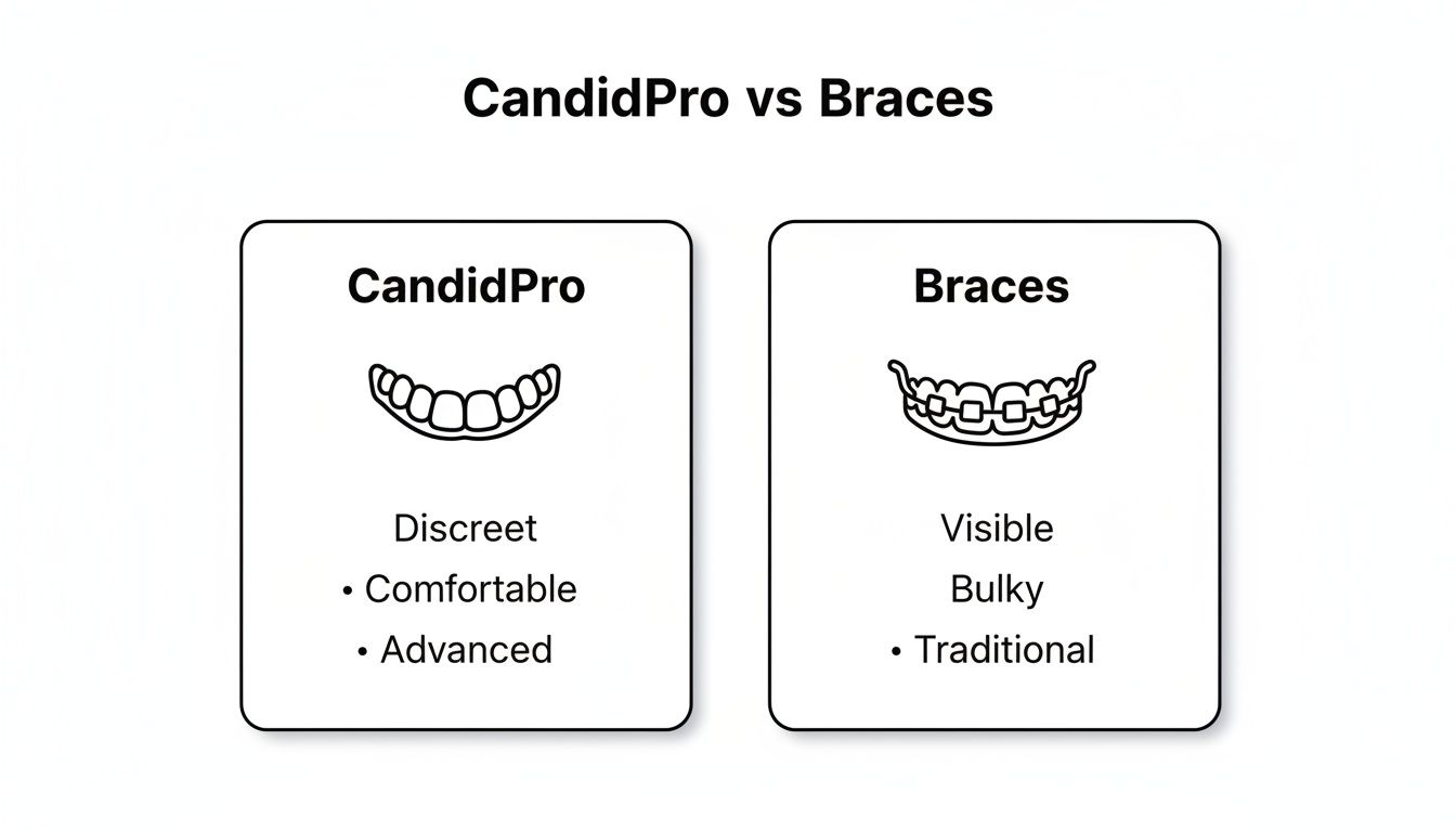 A comparison chart highlighting CandidPro's discreet, comfortable aligners versus visible, bulky, traditional braces.