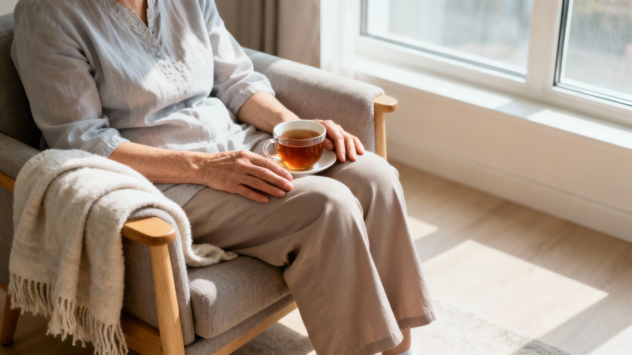 Close-up of an elderly person relaxing in a chair with a blanket and a cup of tea by a window.