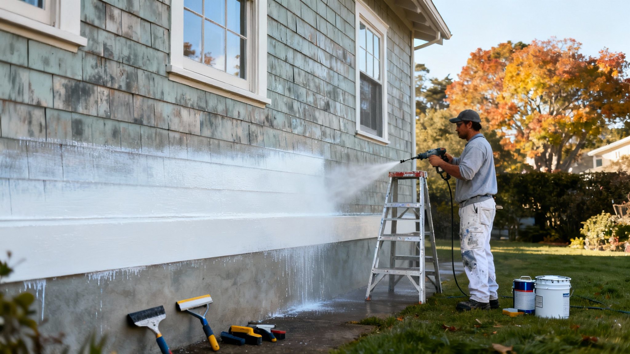 A professional painter carefully scrapes old paint from a home's exterior siding.
