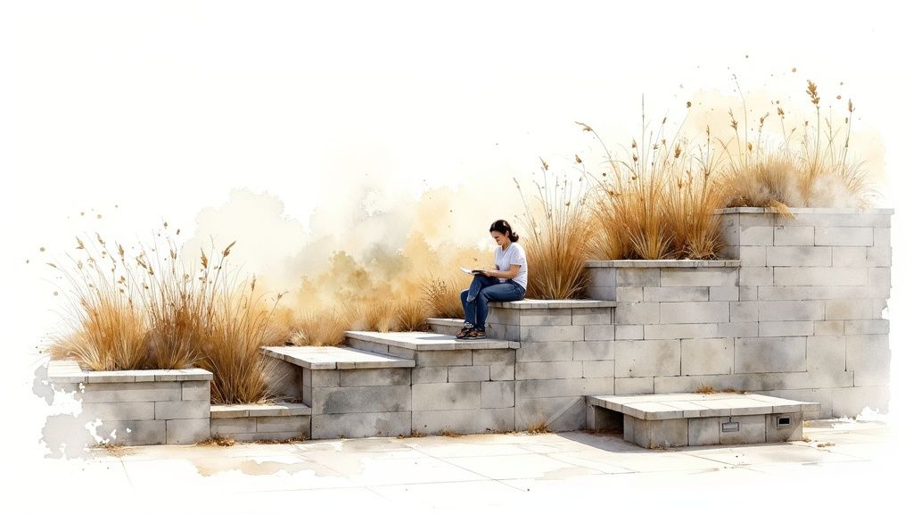 A watercolor illustration of a woman reading a book on stone steps amidst golden ornamental grass.